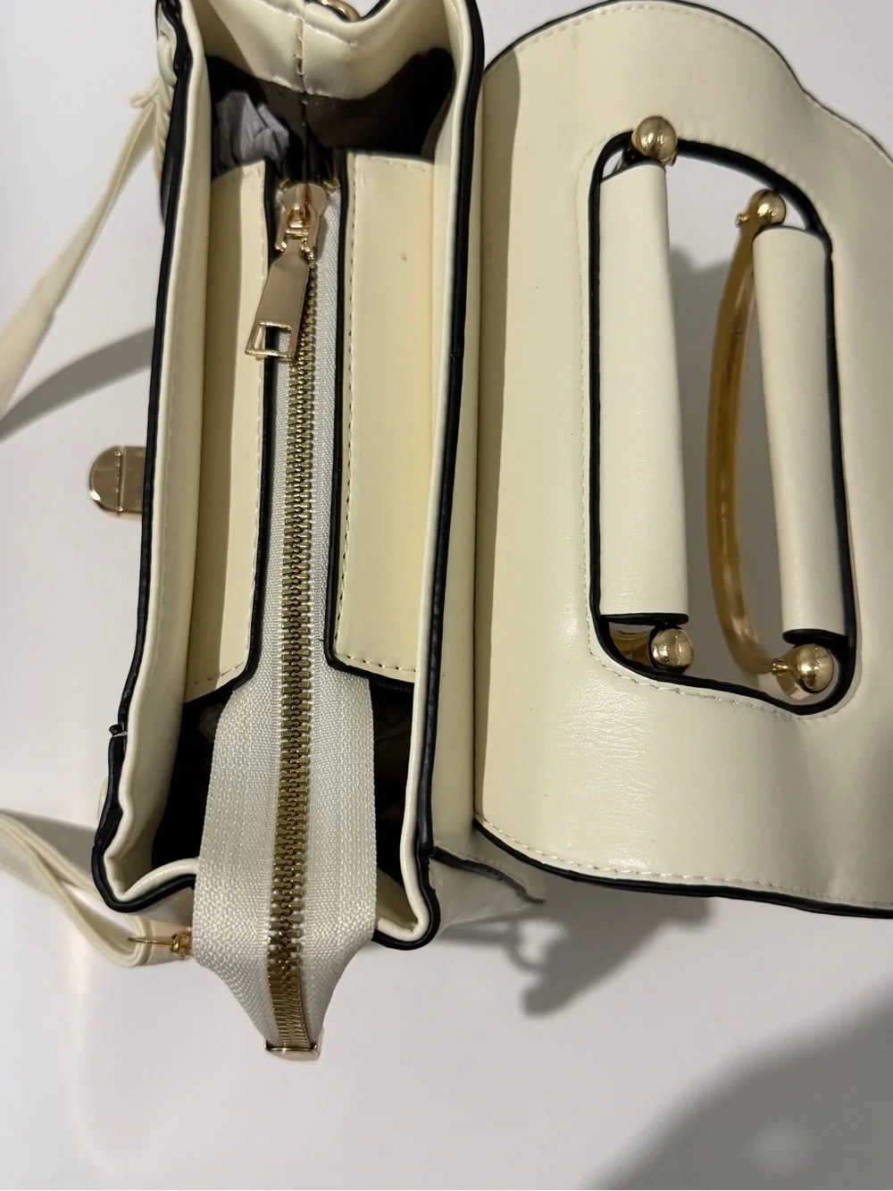 Cream Top-Handle Satchel with Gold Hardware